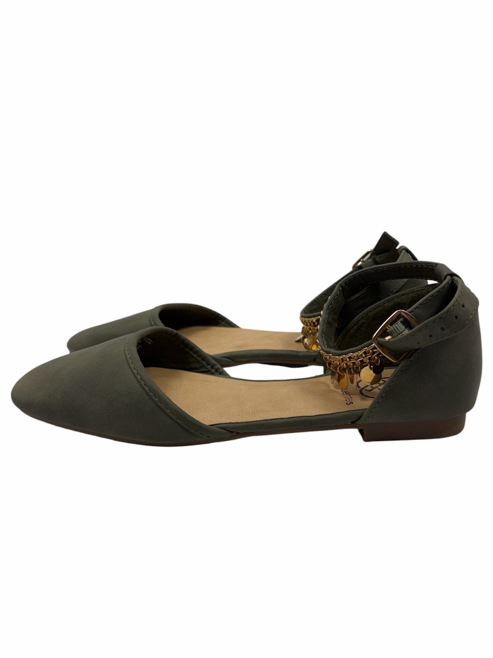 Daisy Fuentes Olive Green D’Orsay Flats Gold Charm Ankle Strap Size 5.5